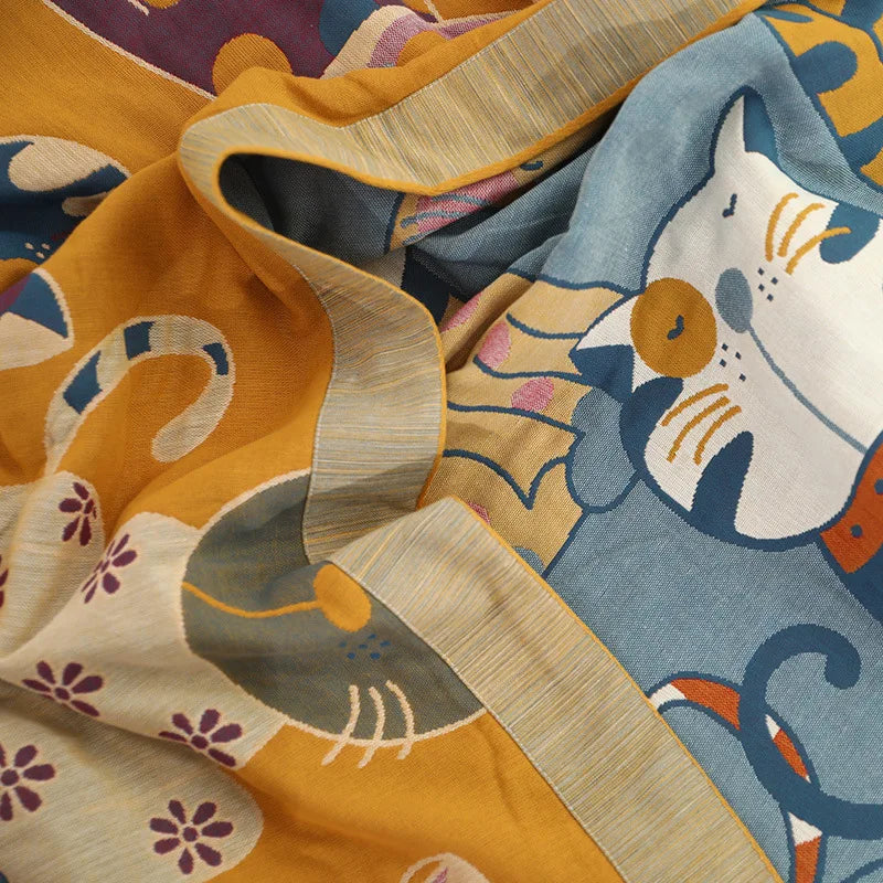 DecorBites™ Cat Cartoon Animal Pure Cotton Gauze Towel Blanket for Adults and Children