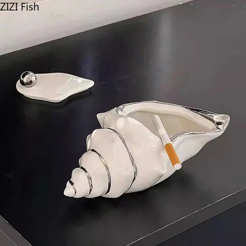 DecorBites™ Conch Ashtray: Silver Plated Desk Decoration & Windproof Ceramic Smoking Accessory