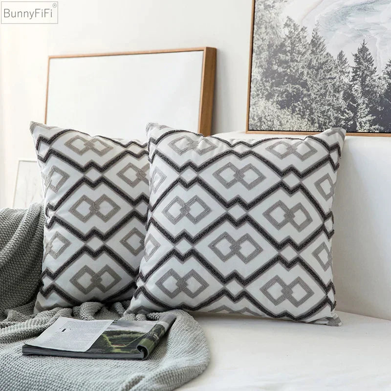 DecorBites™ Geometric Embroidered Cushion Cover in Grey Canvas Cotton 45x45cm