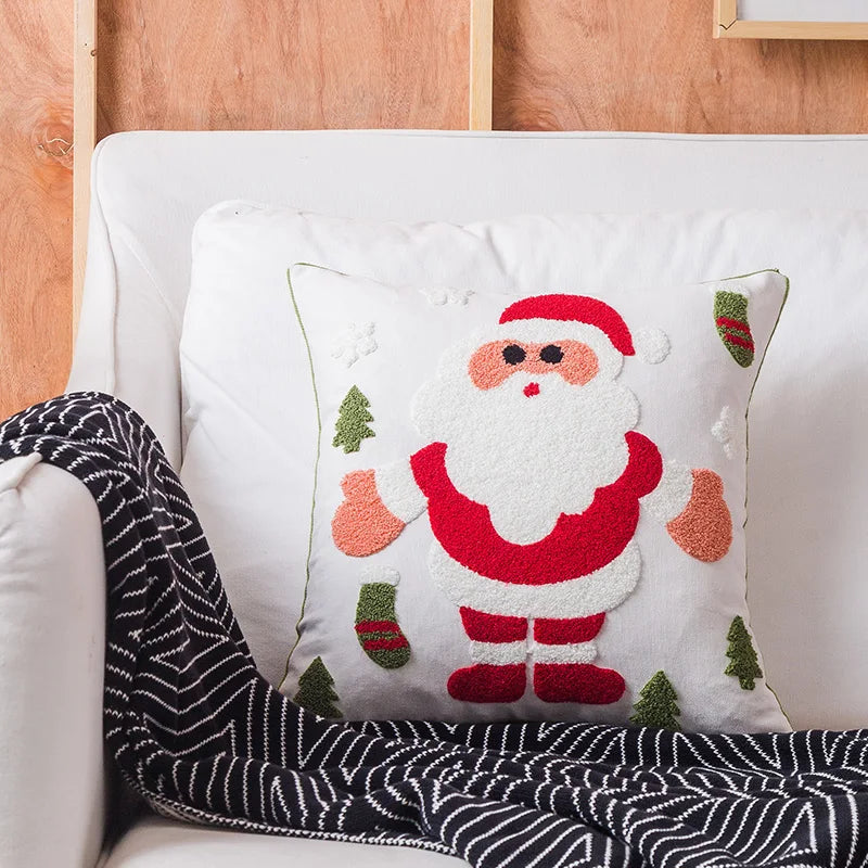 DecorBites™ Christmas Embroidered Cushion Cover Snowman Deer Santa Bell Snowflake Pillowcase