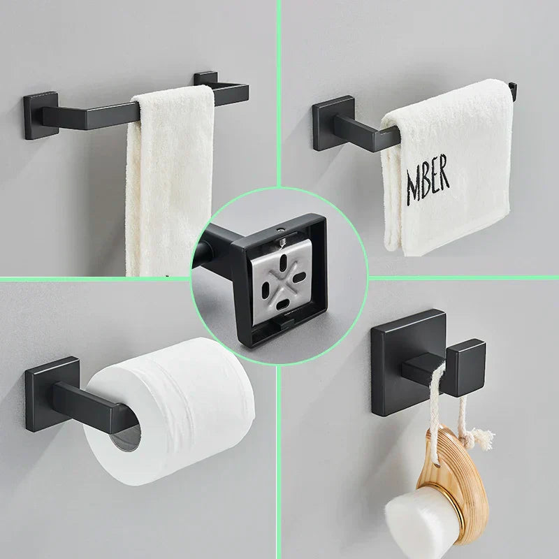 DecorBites™ Black Bathroom Set: Towel Holder, Paper Holder, Gold Rod, Robe Hook - Stainless Steel Accessories