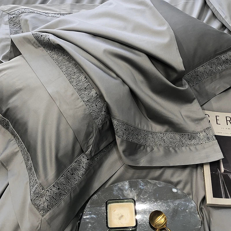 DecorBites™ Grey Hollow Lace 1000TC Egyptian Cotton Bedding Set with Wide Edge