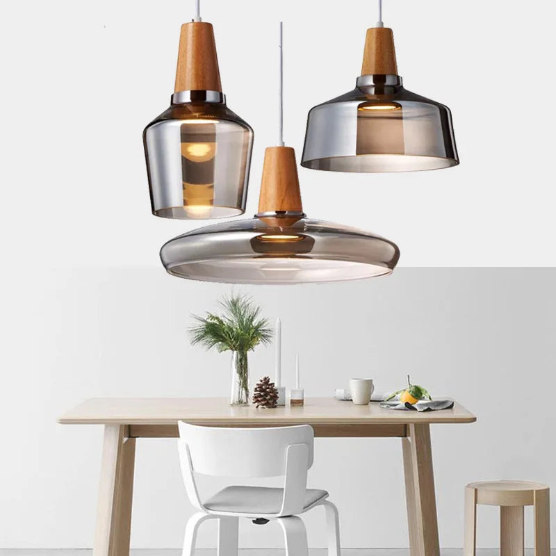 DecorBites™ Glass Lampshade Pendant Light, Wooden Hanging Suspension, Retro American Design