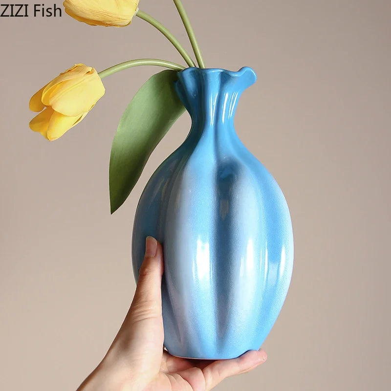 DecorBites™ Blue Ceramic Flower Bud Vase for Table Decoration and Room Aesthetic