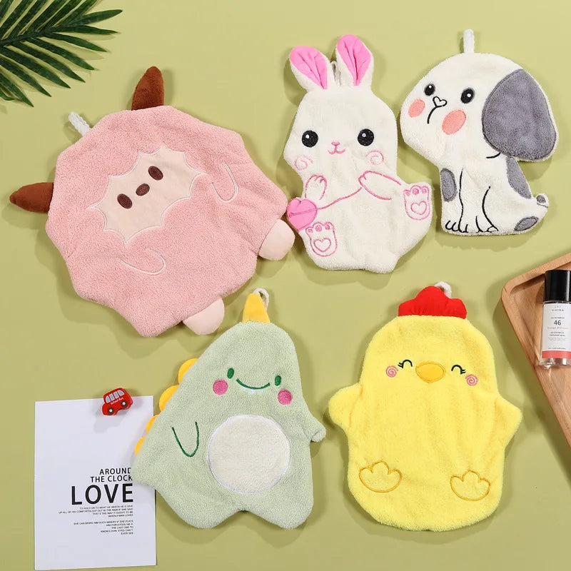 DecorBites™ Cartoon Animal Shape Coral Velvet Hand Towel for Kids, Absorbent Kitchen Bathroom Cleaning Towels