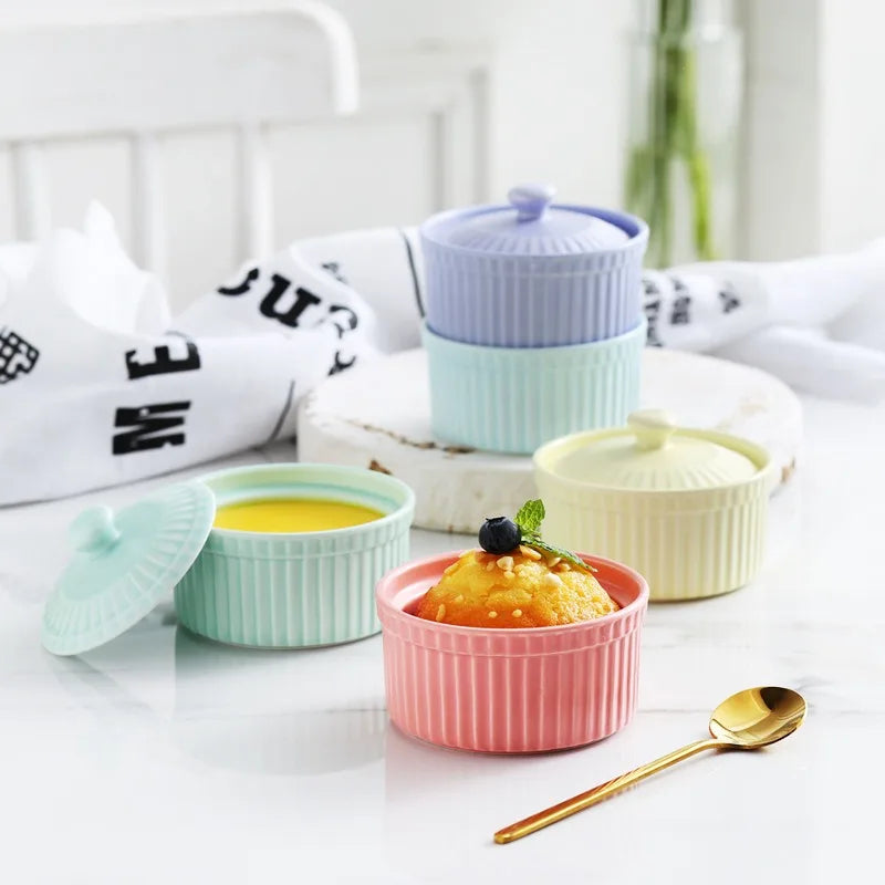 DecorBites™ Ceramic Dessert Bowl with Cover, Small Porcelain Soup Bowl, Cake Baking Mold