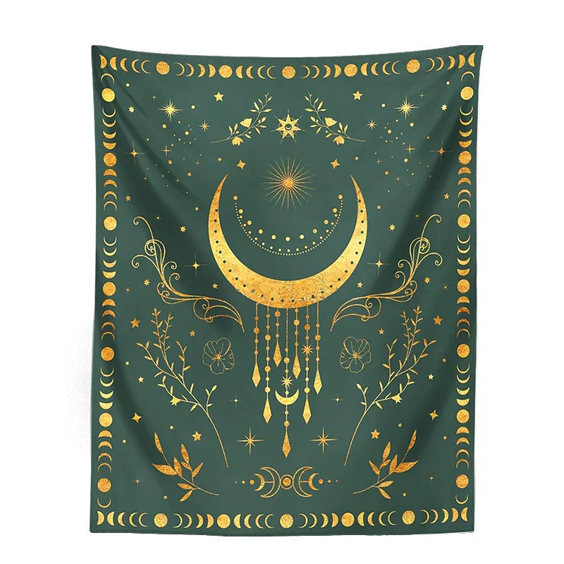 DecorBites™ Celestial Moon Phase Tapestry with Floral Accents