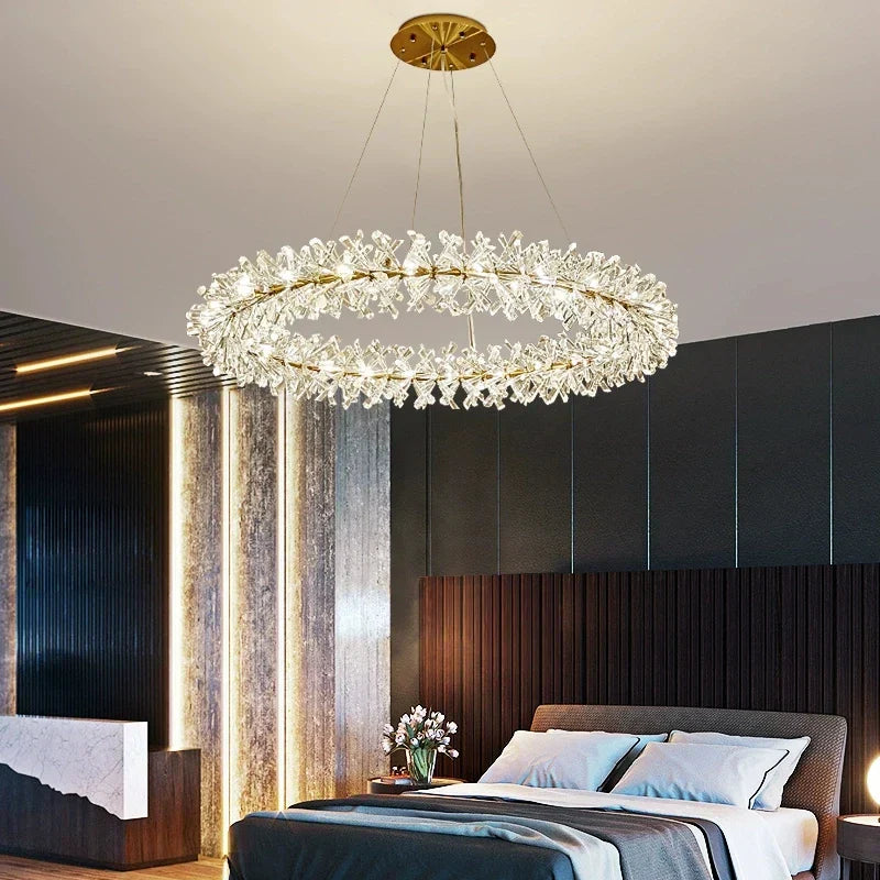 DecorBites™ Crystal Chandelier Flower Luxury Round Rings Hang Lamp for Indoor Spaces