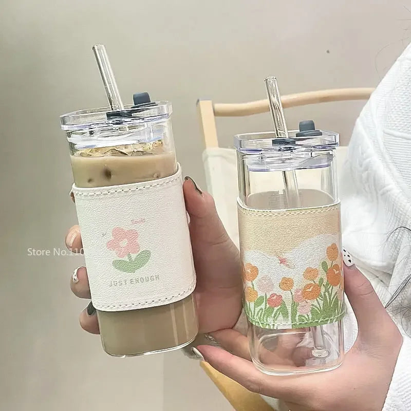 DecorBites™ Heat Resistant Glass Cup with Lid and Straw for Coffee, Milk, Tea, Juice