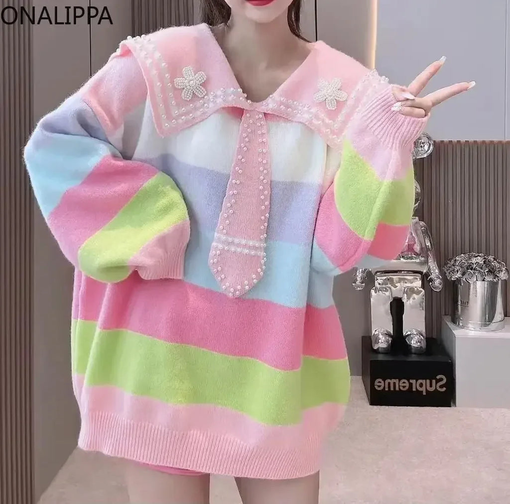 Pastel Rainbow Striped Sailor Sweater