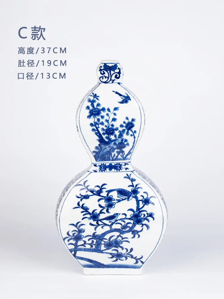 DecorBites™ Blue White Porcelain Flower Bird Two Ear Vase Antique Ornaments Jingdezhen