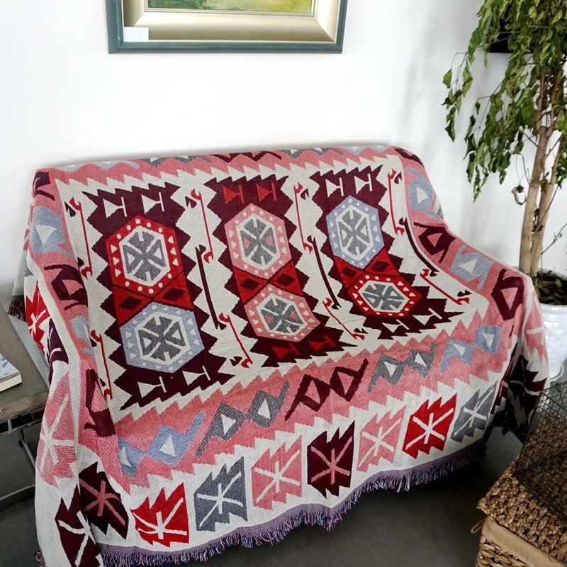 DecorBites™ Knitted Cotton Throw Blanket with Tassel - Geometric Bohemian Design