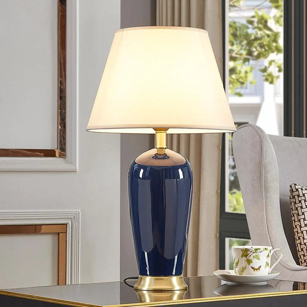 DecorBites™ Dark Blue Ceramic Table Lamp with Remote Control for Bedroom and Living Room