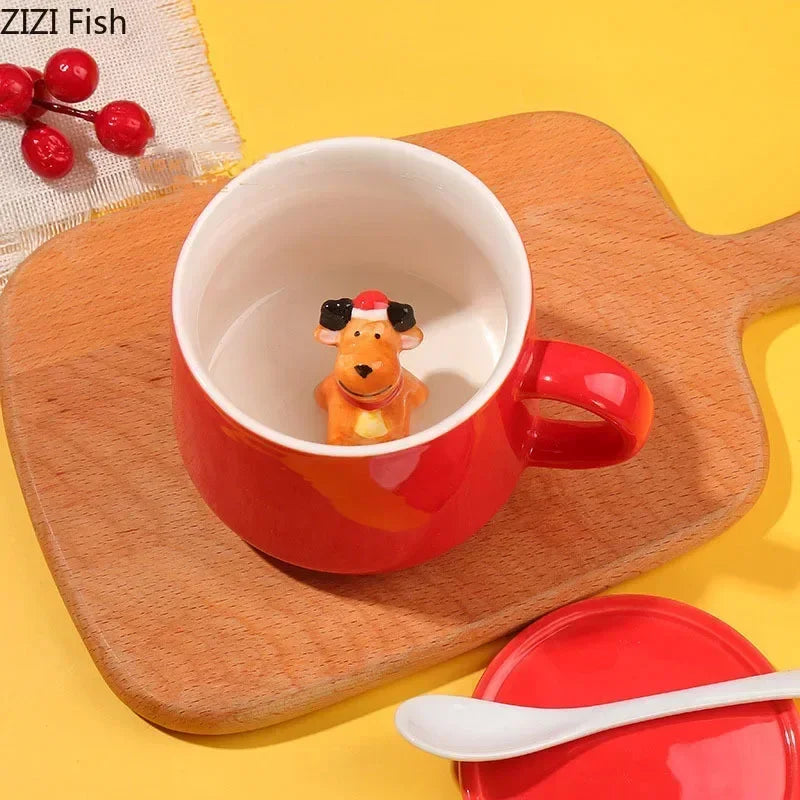 DecorBites™ Christmas Animals Ceramic Tea Cup Set Red Porcelain Mugs