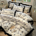 DecorBites™ Korean Black White Hepburn Style Bedding Set with Lace Fitted Sheet Set