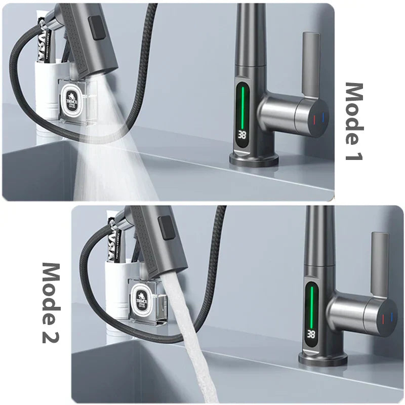 DecorBites™ Digital Display Waterfall Basin Faucet with Temperature Control and Lift Sprayer