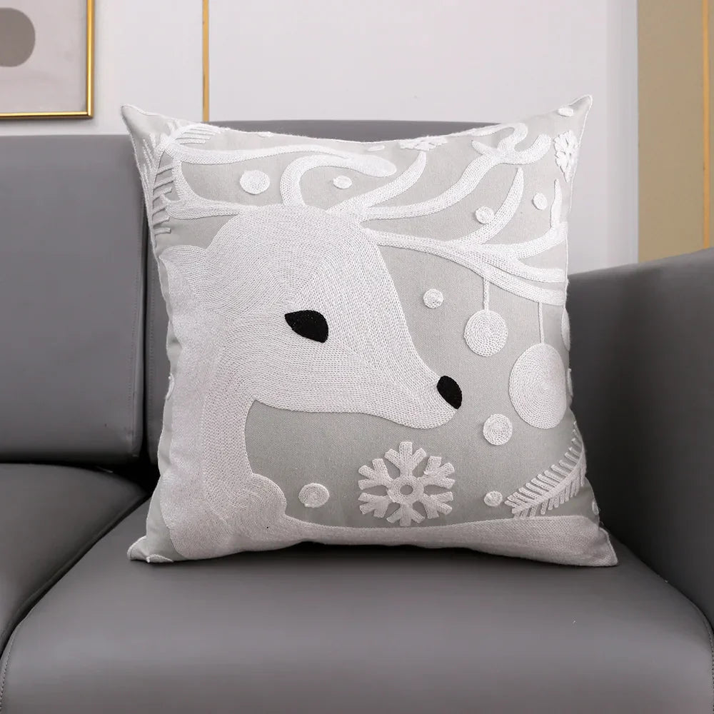 DecorBites™ Christmas Décor Cushion Cover 45x45cm Snowflake Deer Green Red Embroidery Pillow Cover