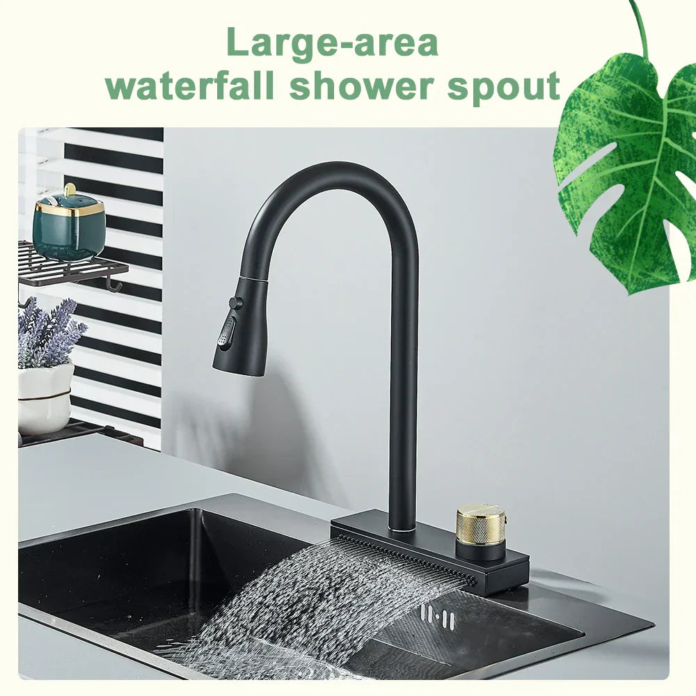 DecorBites™ Black Rainwater Kitchen Faucet Flexible Pull Out 3 Way Nozzle Mixer Tap