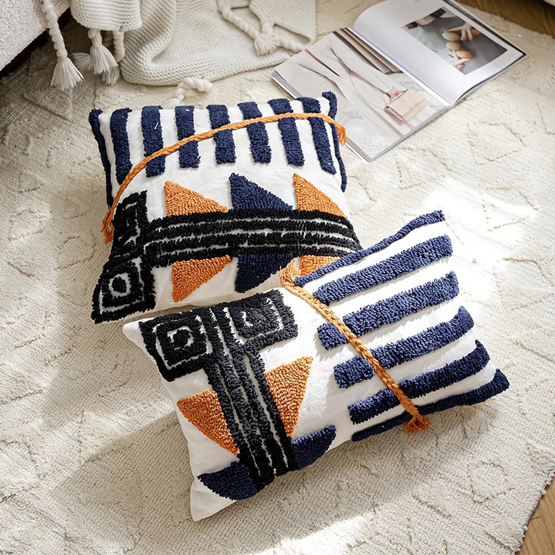 DecorBites™ Boho Tufted Pillow Cover Navy Burnt Orange 45x45cm Square for Home Decoration