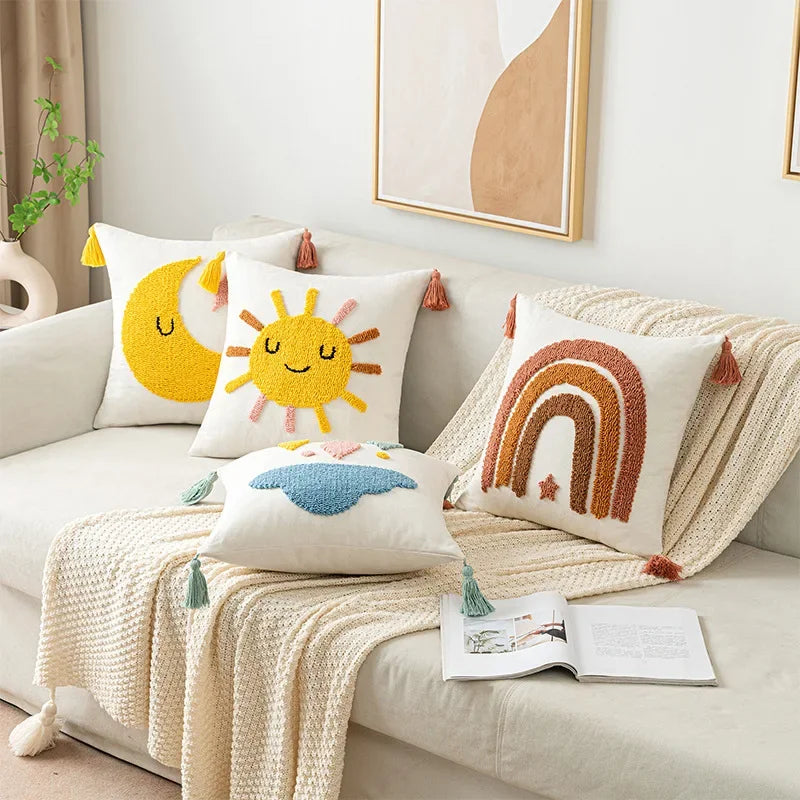 DecorBites™ Boho Yellow Rainbow Star Moon Embroidery Pillow Cover 45x45cm with Tassels