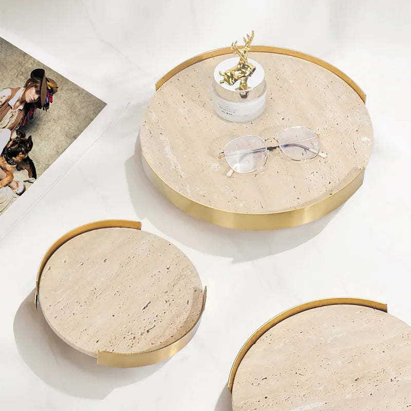 DecorBites™ Beige Brown Travertine Marble Tray with Metal Frame