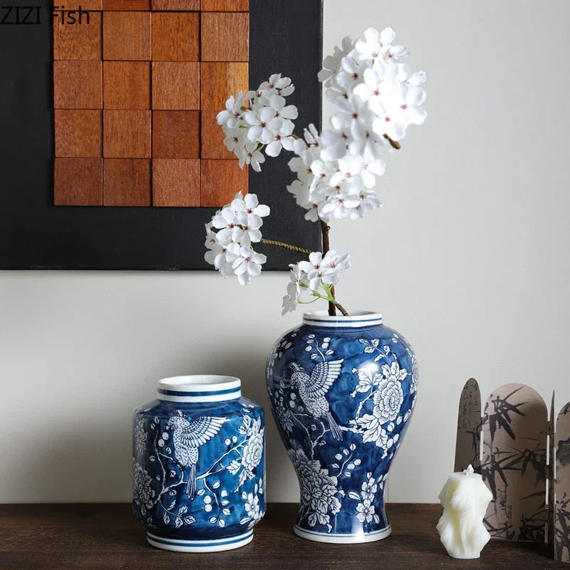DecorBites™ Blue Porcelain Vase: Flowers and Birds Pattern Table Decor Floral Vases Room Aesthetic