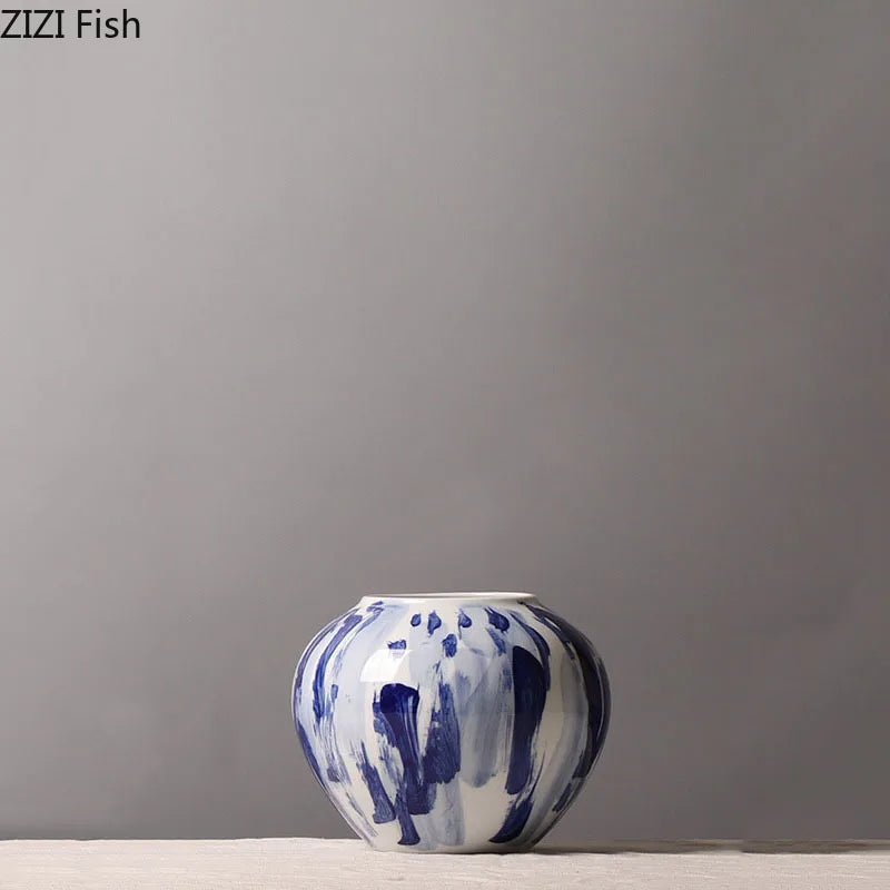 DecorBites™ Blue & White Porcelain Vase: Ink Style Flowers, Aesthetic Room Decor