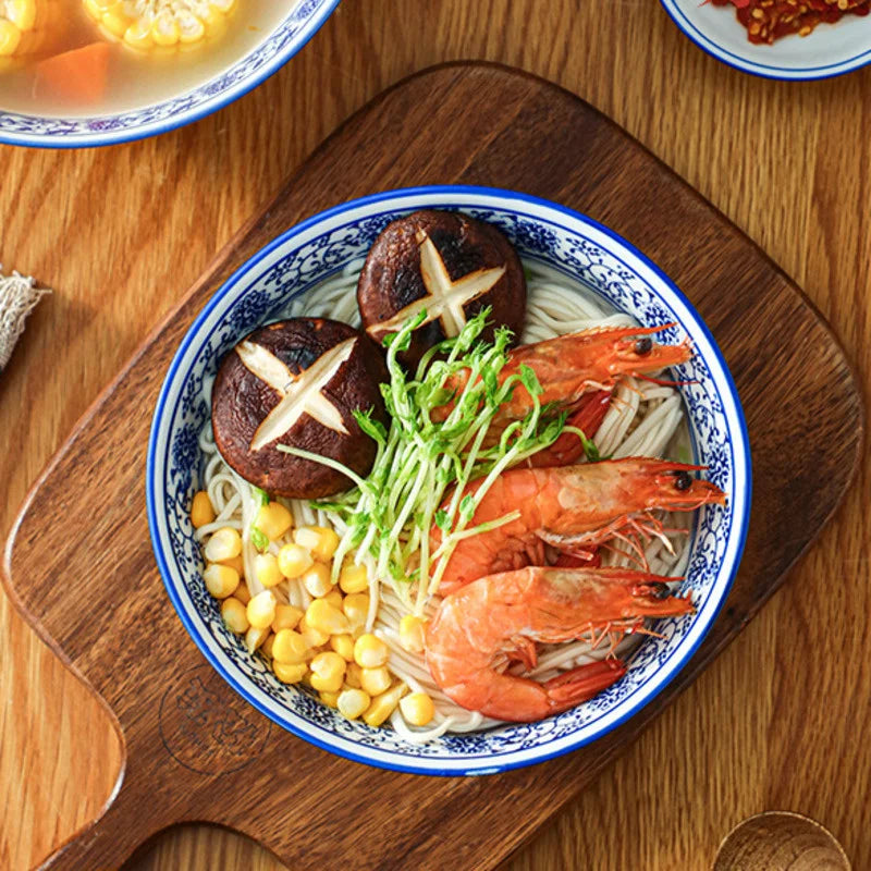 DecorBites™ Blue and White Retro Ceramic Soup Noodle Bowl