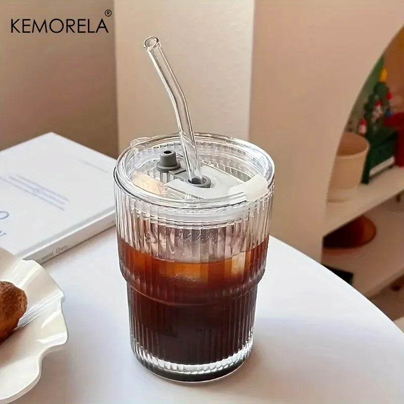 DecorBites™ 1/2PCS 450ml Stripe Glass Cup with Lid and Straw | Stylish Party Beverage Glasses