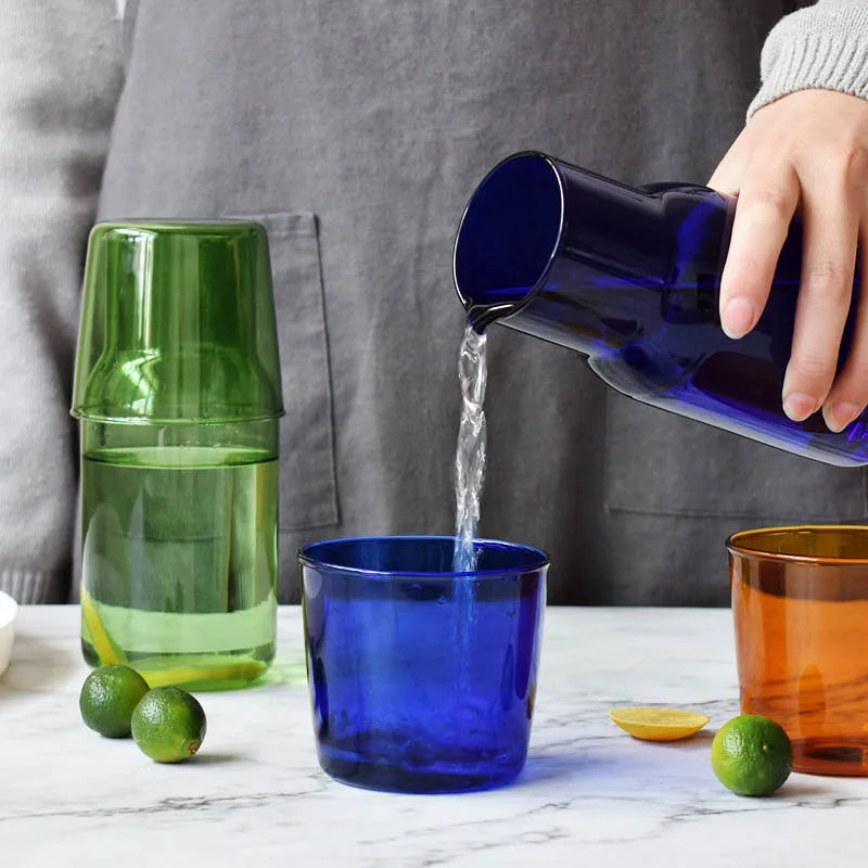 DecorBites™ 550ml Bedside Water Carafe and Glass Set in Blue, Amber, Teal, Grey Glass