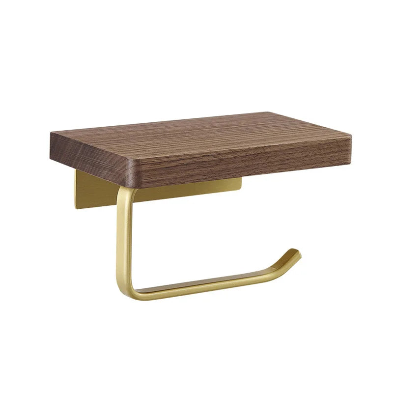 DecorBites™ Brass & Wood Wall-mounted Toilet Paper Holder & Tissue Box Rack