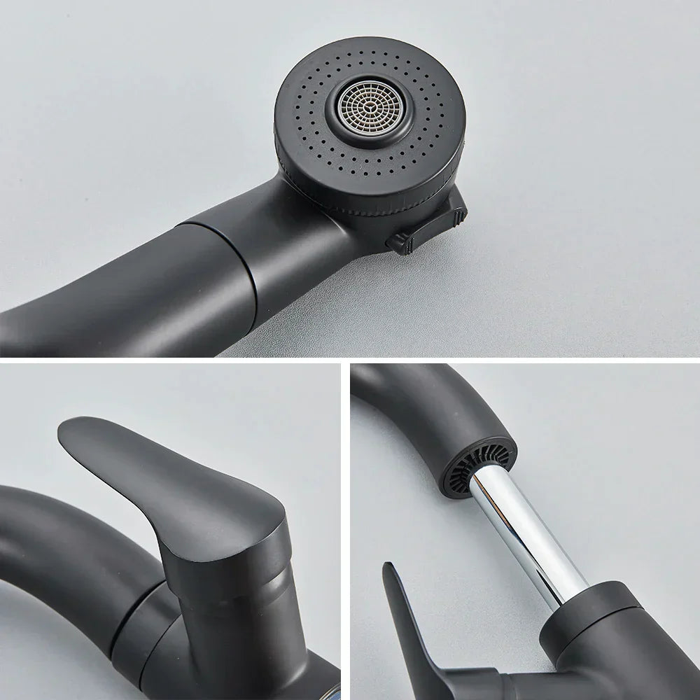 DecorBites™ Black Basin Faucet: Pull Out Sink Mixer Tap with 360° Rotation and Hot&Cold Sprayer