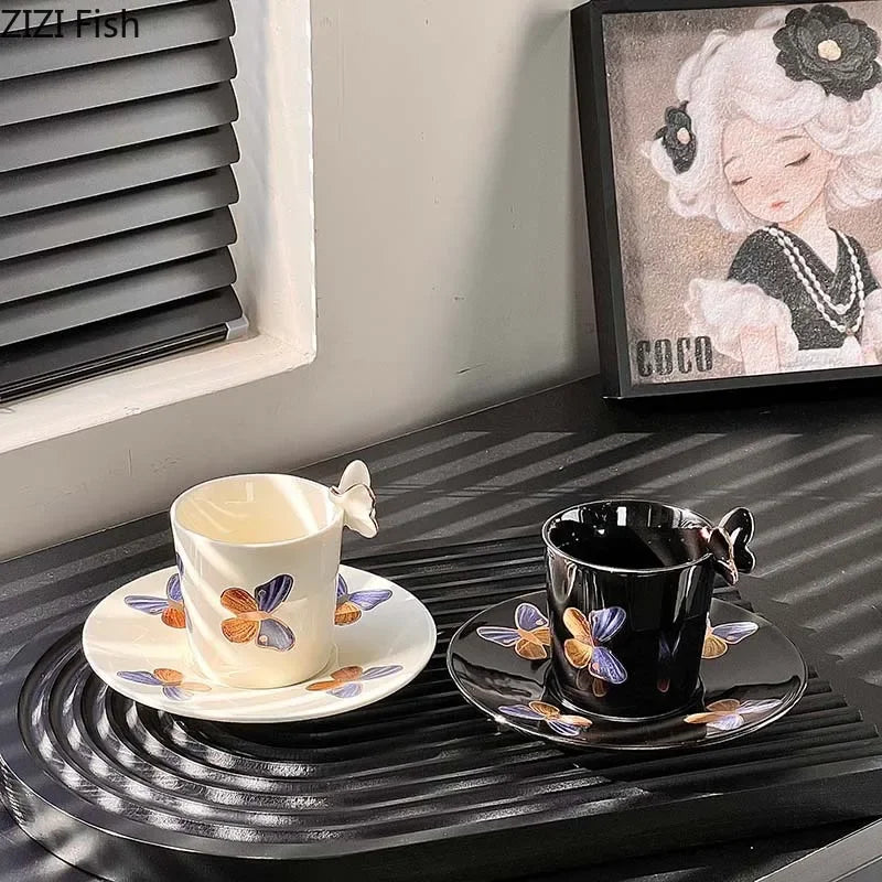 DecorBites™ Butterfly Pattern Ceramic Cup & Saucer Set for Dining Table and Coffee