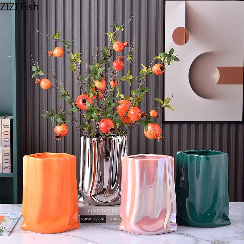 DecorBites™ Gold Plated Pleated Texture Ceramic Vase for Desk Decor and Flower Arrangements