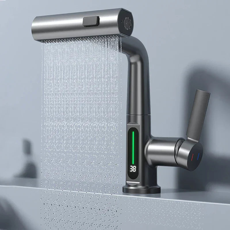 DecorBites™ Digital Display Waterfall Basin Faucet with Temperature Control and Lift Sprayer