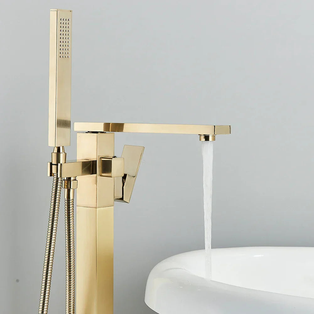 DecorBites™ Brushed Gold Tub Shower Faucet Floor Mounted Waterfall Mixer Tap