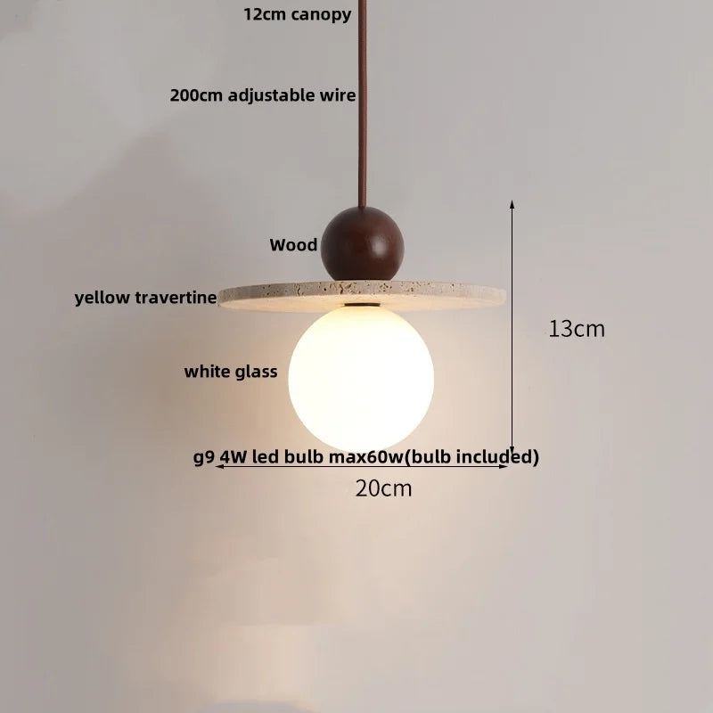DecorBites™ LED Pendant Lamp with Wood Canopy & White Glass Chandelier - Yellow Travertine Kitchen Bedroom Lighting