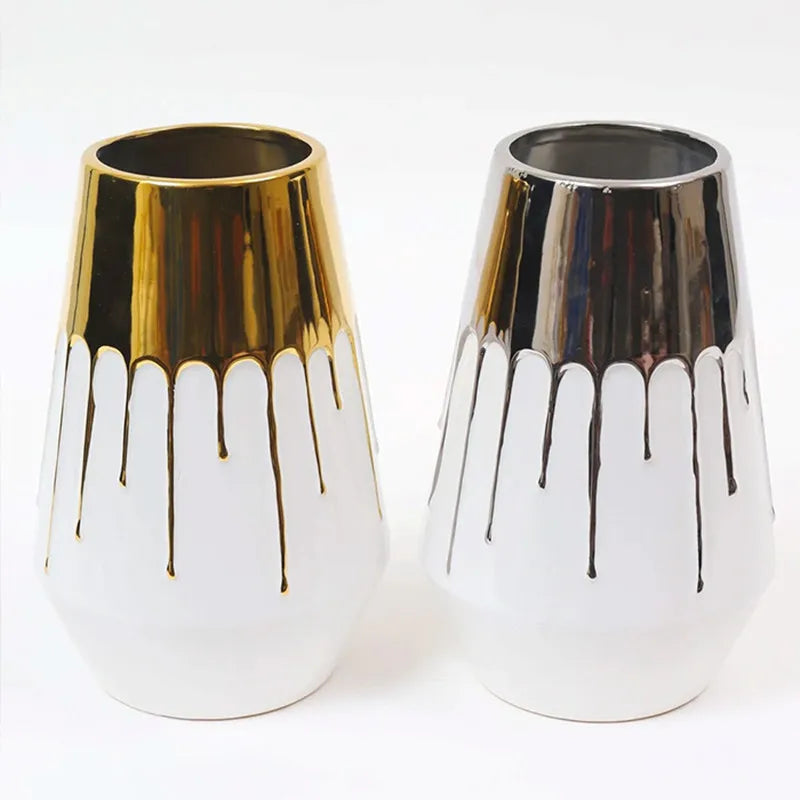 DecorBites™ Golden Ceramic Vase for Wedding and Home Decor