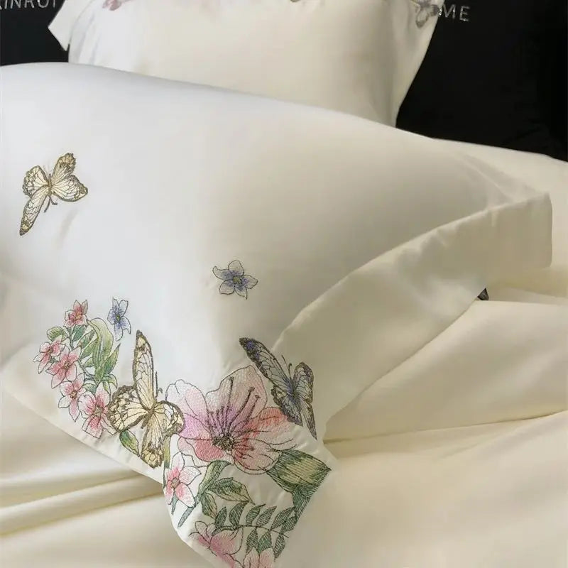 DecorBites™ Butterfly Flowers Embroidery Bedding Set: Silky Soft Eucalyptus Fiber Duvet Cover