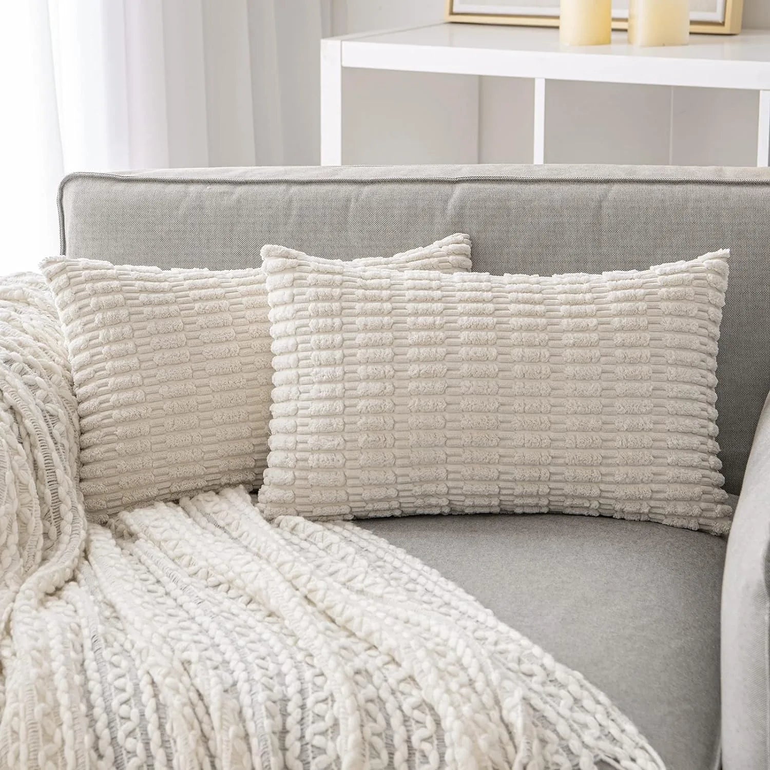 DecorBites™ Black Striped Corduroy Throw Pillow Cover 18x18 Inch Square Cushion Case White Pillowcase