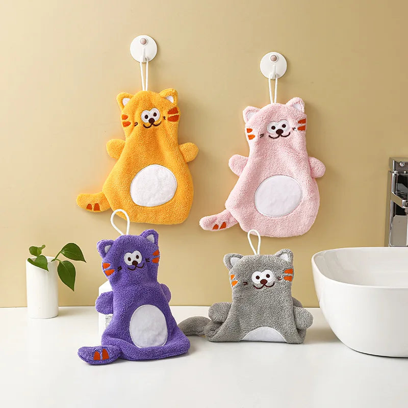 DecorBites™ Cartoon Cat Coral Velvet Hand Towels: Soft, Cute, Quick Dry Bath Towels
