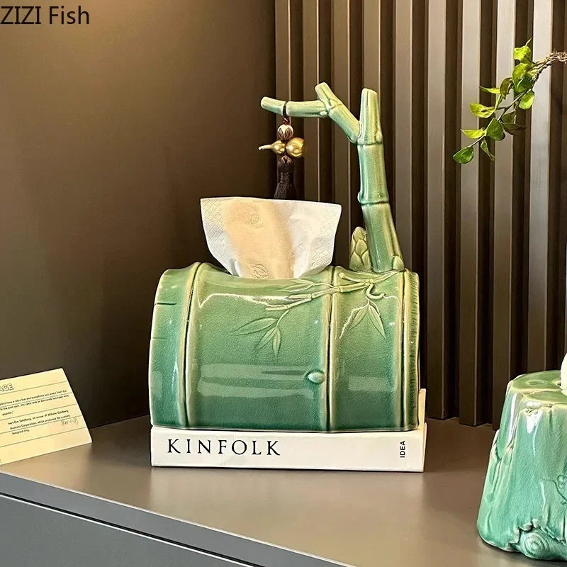 DecorBites™ Bamboo Tissue Box: Ceramic Green Bamboo Design for Coffee Table & Desk Decor