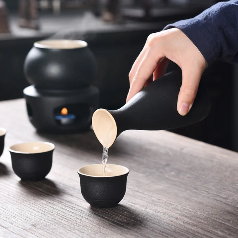 DecorBites™ Ceramic Sake Set: Sake Bottle, Warmer, & 4 Cups