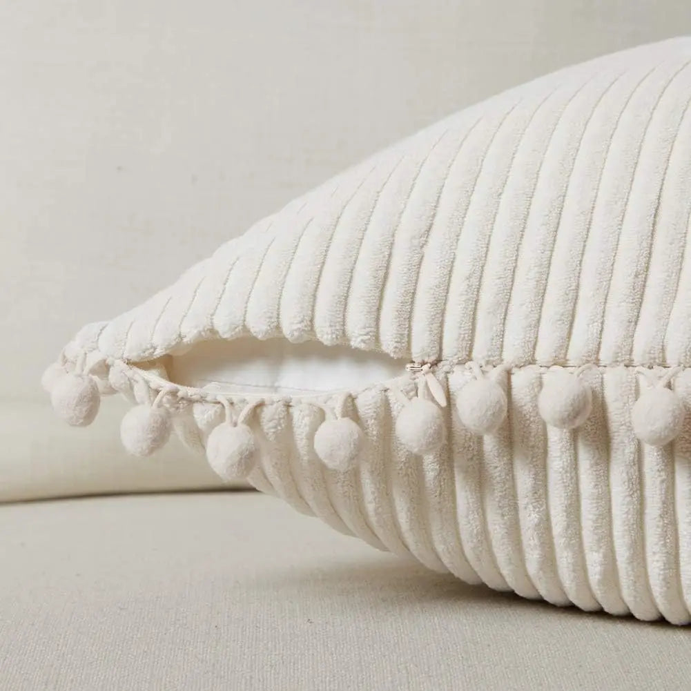 DecorBites™ Beige Striped Cushion Cover with Pom Pom Detail Lumbar Throw Pillow Case