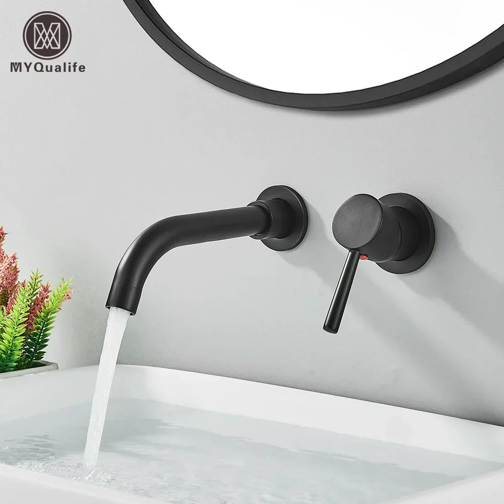 DecorBites™ Gold Brass Bathroom Faucet with Modern Lever Handle, Wall Mount Sink Tap