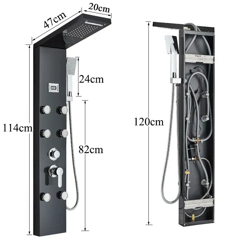 DecorBites™ Black Shower Panel Column Wall Mount Rainfall Waterfall Faucet Hot Cold Mixer Tap