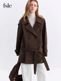 FSLE Retro Double-breasted Lapel Loose Leather Jacket for Women 2025 Winter New Casual Coffee-colored Jacket Loose Fit