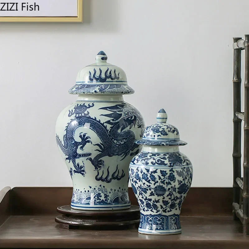 DecorBites™ Blue White Porcelain General Jar: Ceramic Tea Caddy Candy Pot Storage Container