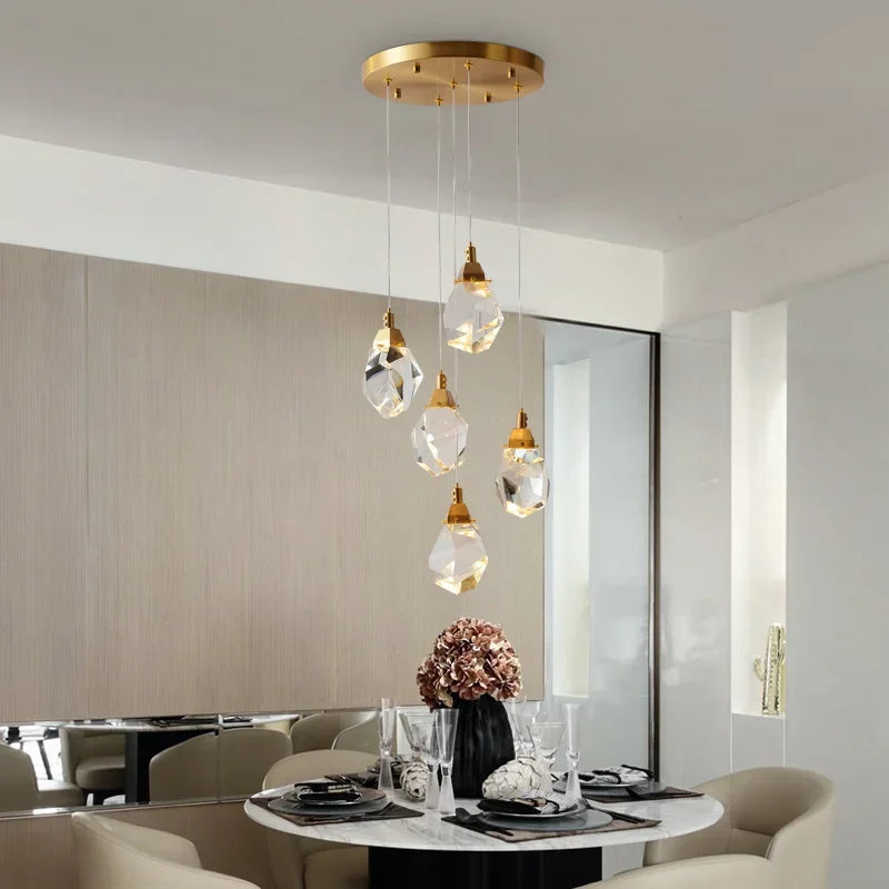 DecorBites™ Diamond Crystal Chandelier Staircase LED Golden Chandeliers Lighting for Luxurious Home Décor
