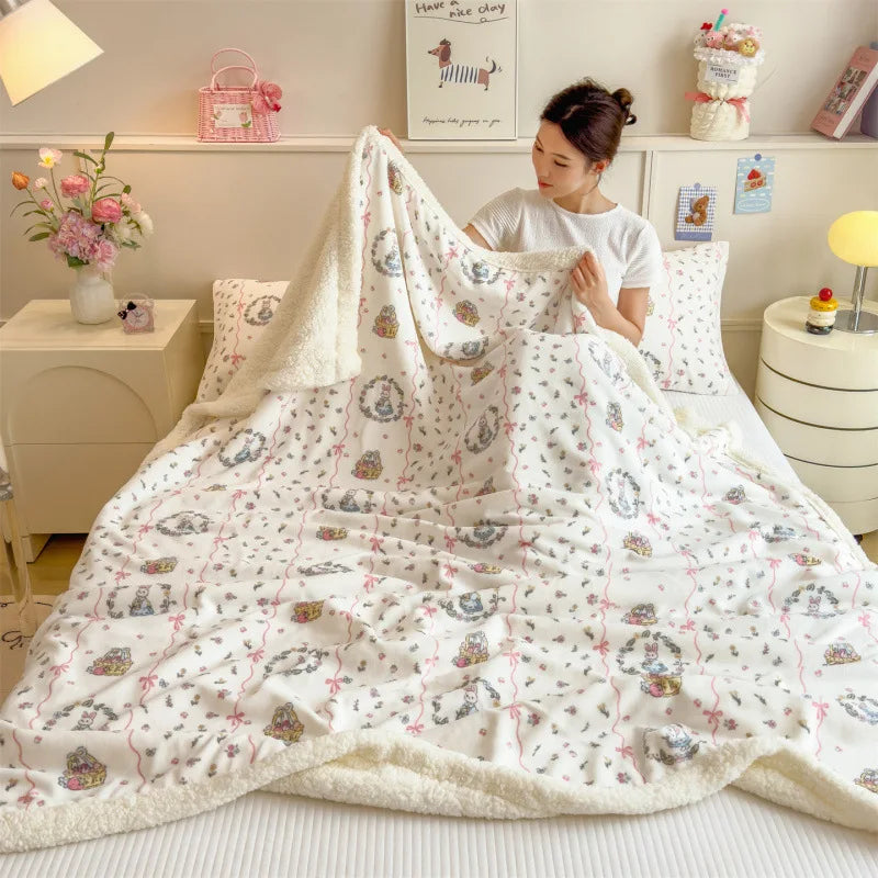 DecorBites™ Cartoon Printed Lamb Wool Blanket: Soft, Skin-Friendly Sofa Cover for All Seasons
